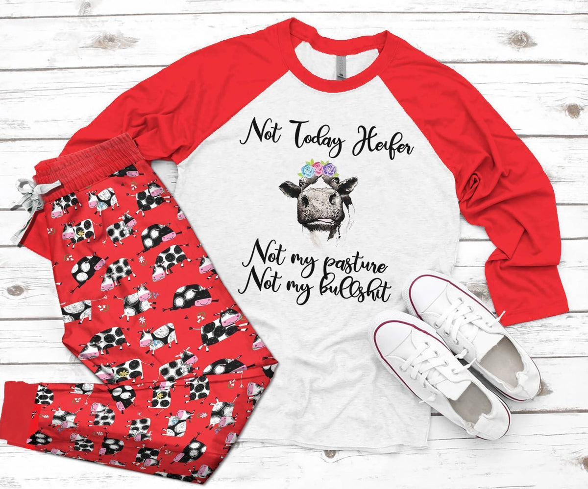 Cow Set Not Today Heifer Pajama Set |Sleepwear Pjs Sets | Raglan Shirt Pants Set