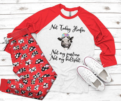 Cow Set Not Today Heifer Pajama Set |Sleepwear Pjs Sets | Raglan Shirt Pants Set