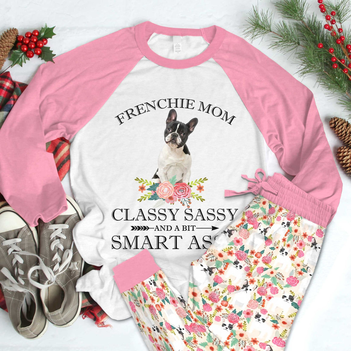 French Bulldog Pied Frenchie Mom Pajama Set |Sleepwear Pjs Sets | Raglan Shirt Pants Set