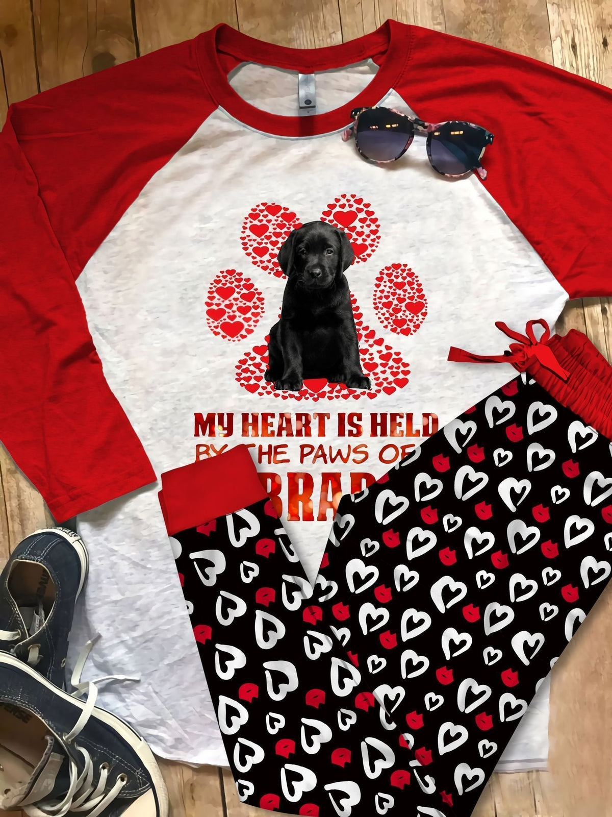 Labrador Retriever My Heart Is Held Red Best Pajama Set |Sleepwear Pjs Sets | Raglan Shirt Pants Set