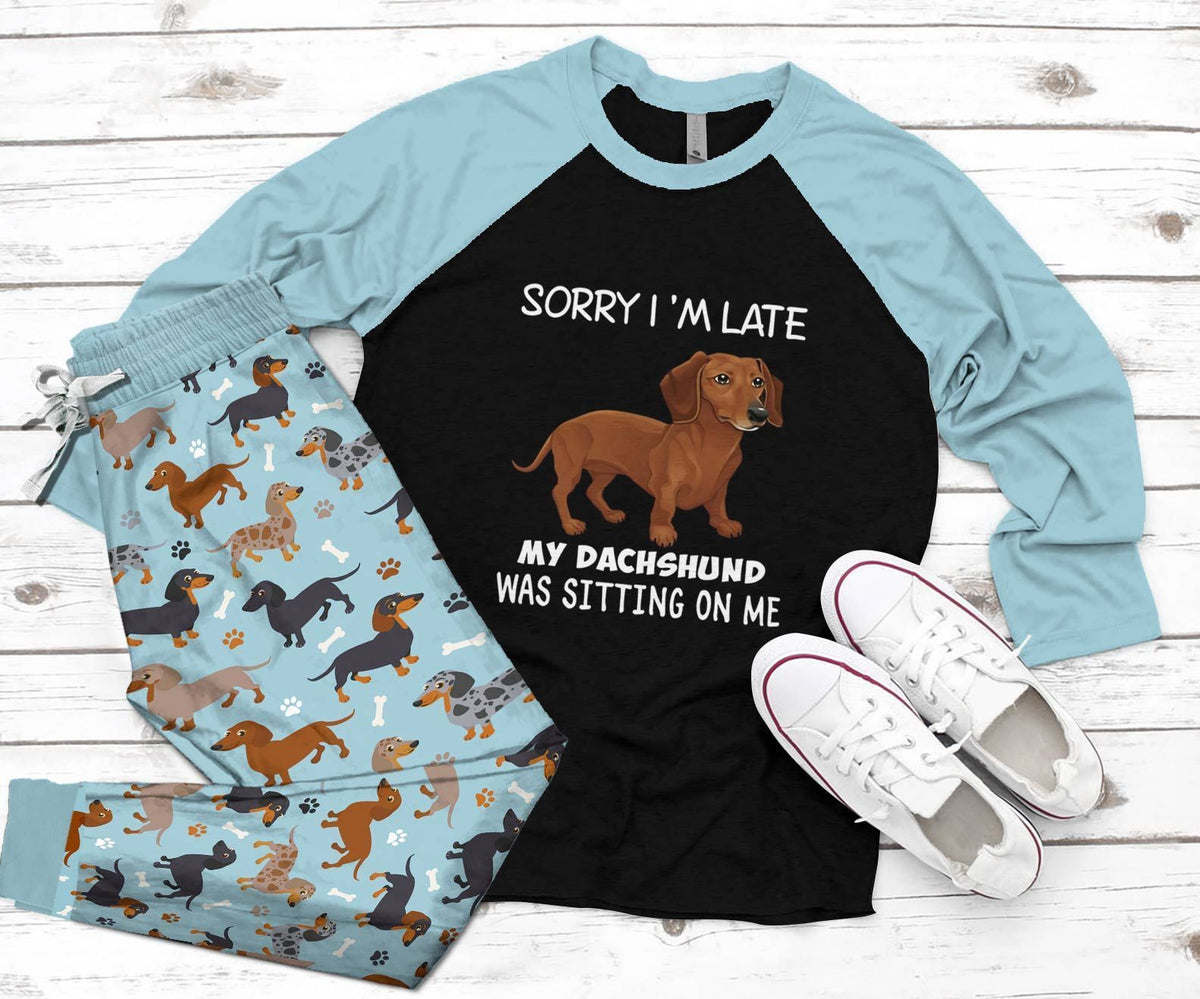 Dachshund Set My Dachshund Was Sitting On Me Pajama Set |Sleepwear Pjs Sets | Raglan Shirt Pants Set