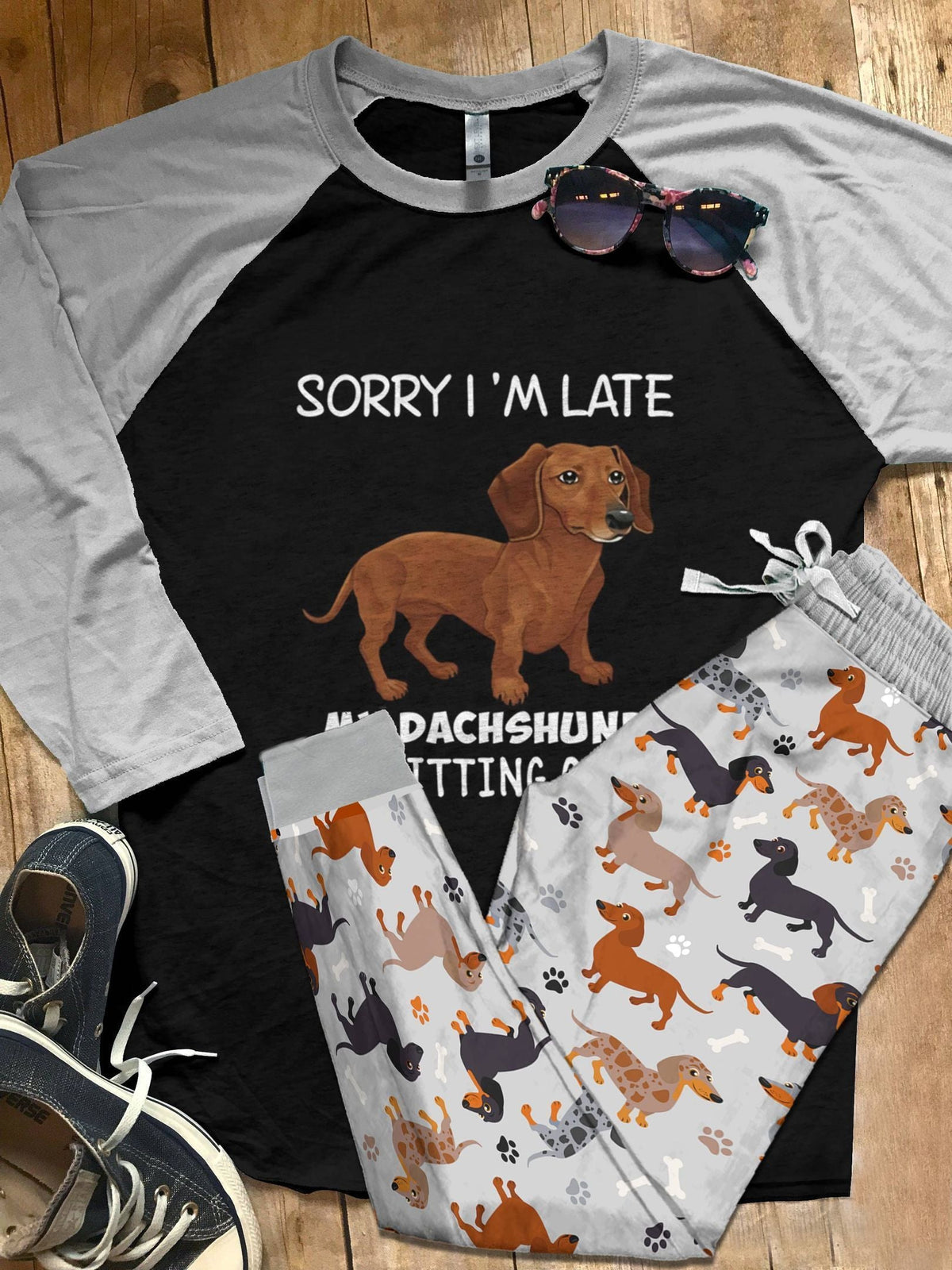 Dachshund Set My Dachshund Was Sitting On Me Pajama Set |Sleepwear Pjs Sets | Raglan Shirt Pants Set