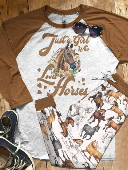 Horse Set Just A Girl Who Loves Horses Pajama Set |Sleepwear Pjs Sets | Raglan Shirt Pants Set