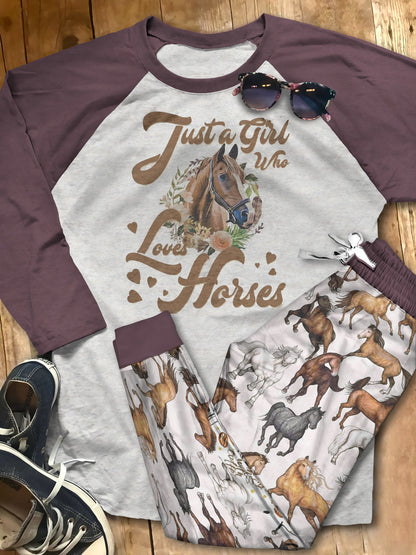 Horse Set Just A Girl Who Loves Horses Pajama Set |Sleepwear Pjs Sets | Raglan Shirt Pants Set