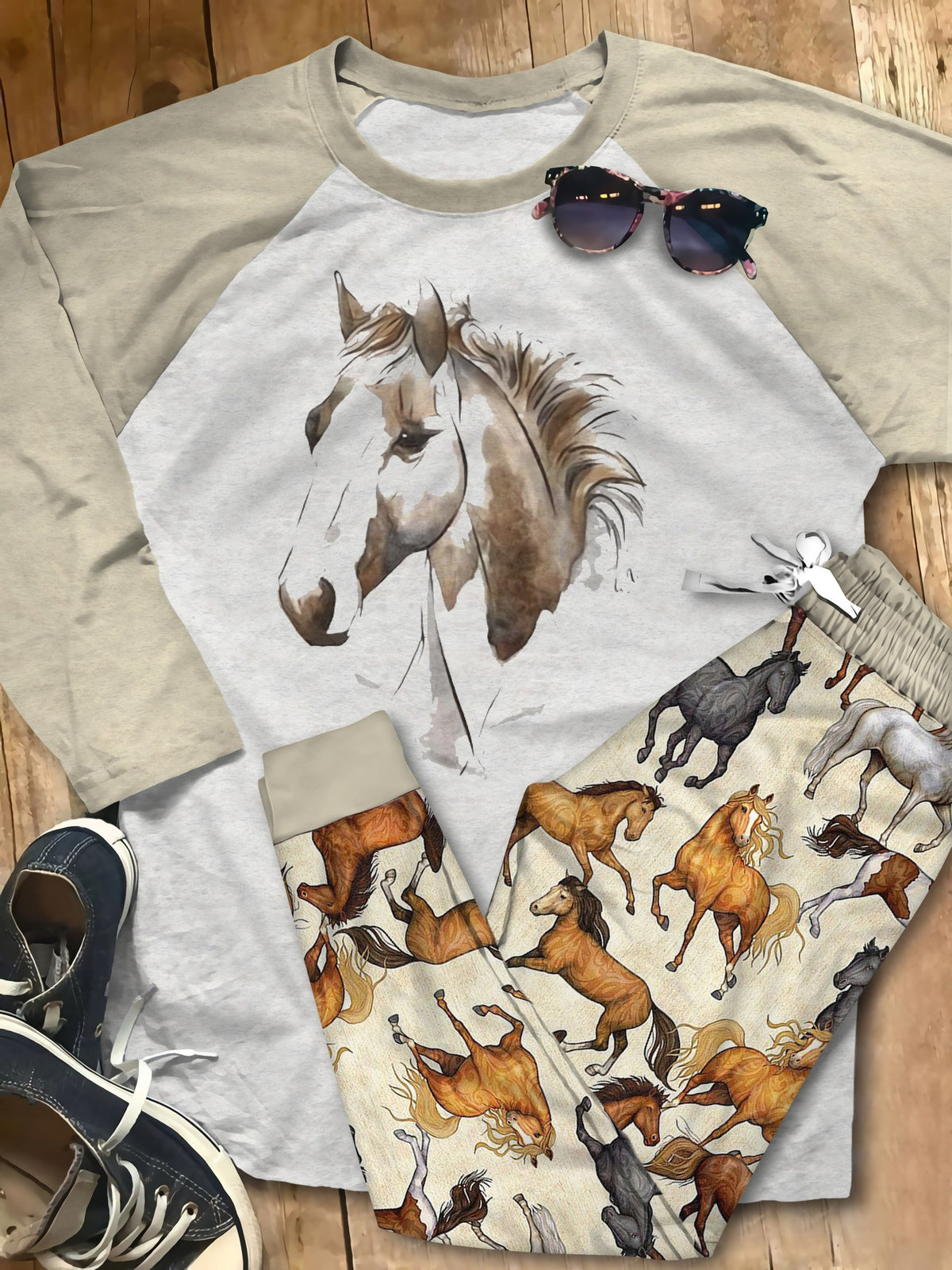 Horse Brown Horse Brown Awesome Pajama Set |Sleepwear Pjs Sets | Raglan Shirt Pants Set