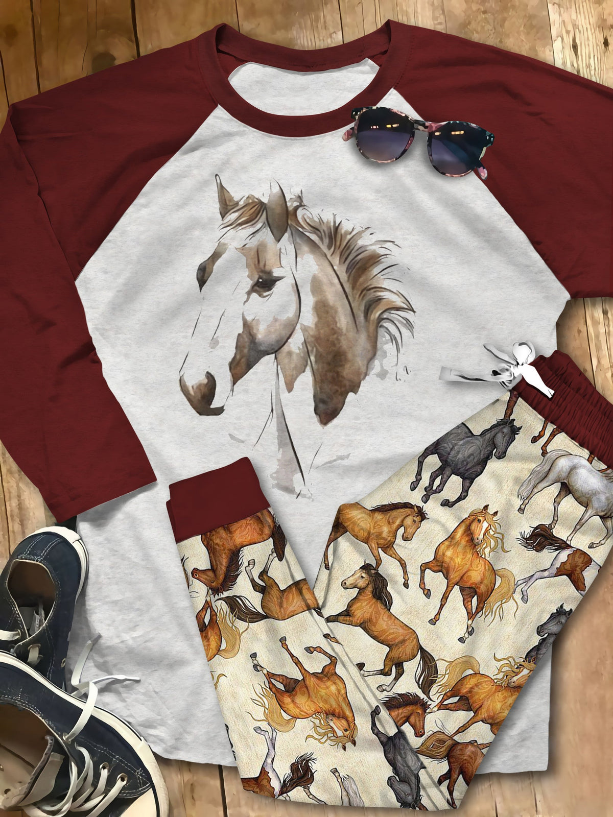 Horse Brown Horse Brown Awesome Pajama Set |Sleepwear Pjs Sets | Raglan Shirt Pants Set