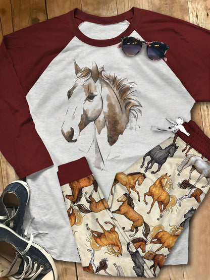Horse Brown Horse Brown Awesome Pajama Set |Sleepwear Pjs Sets | Raglan Shirt Pants Set