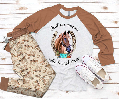 Horse Set Just A Woman Who Loves Horses Pajama Set |Sleepwear Pjs Sets | Raglan Shirt Pants Set
