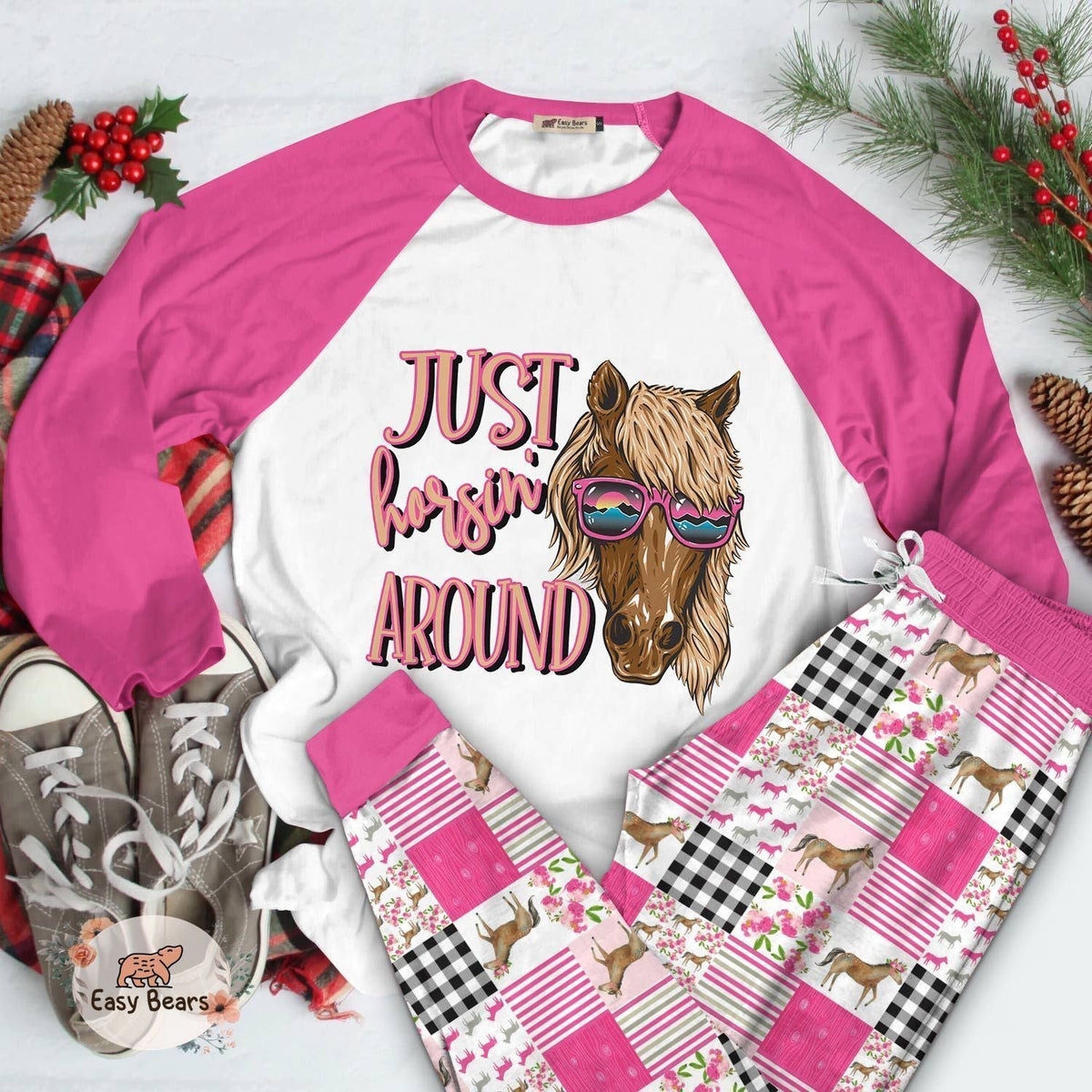 Horse Set Just Horsin Around Pajama Set |Sleepwear Pjs Sets | Raglan Shirt Pants Set