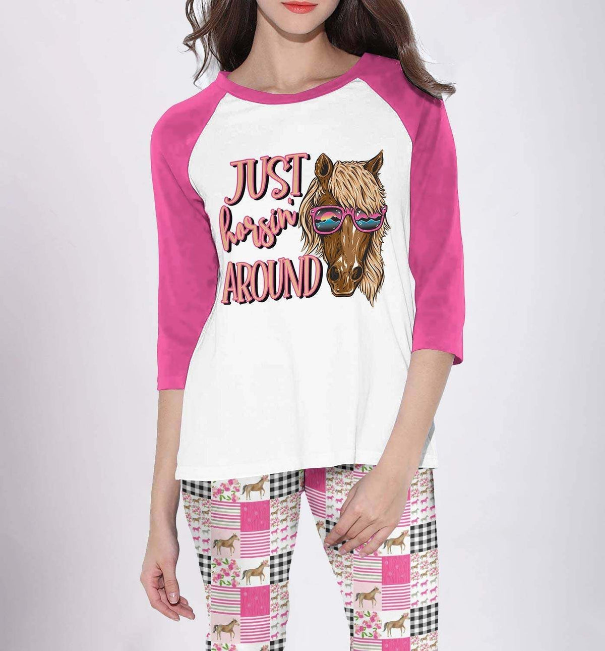 Horse Set Just Horsin Around Pajama Set |Sleepwear Pjs Sets | Raglan Shirt Pants Set