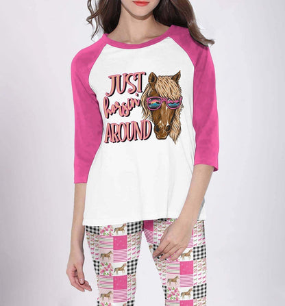 Horse Set Just Horsin Around Pajama Set |Sleepwear Pjs Sets | Raglan Shirt Pants Set