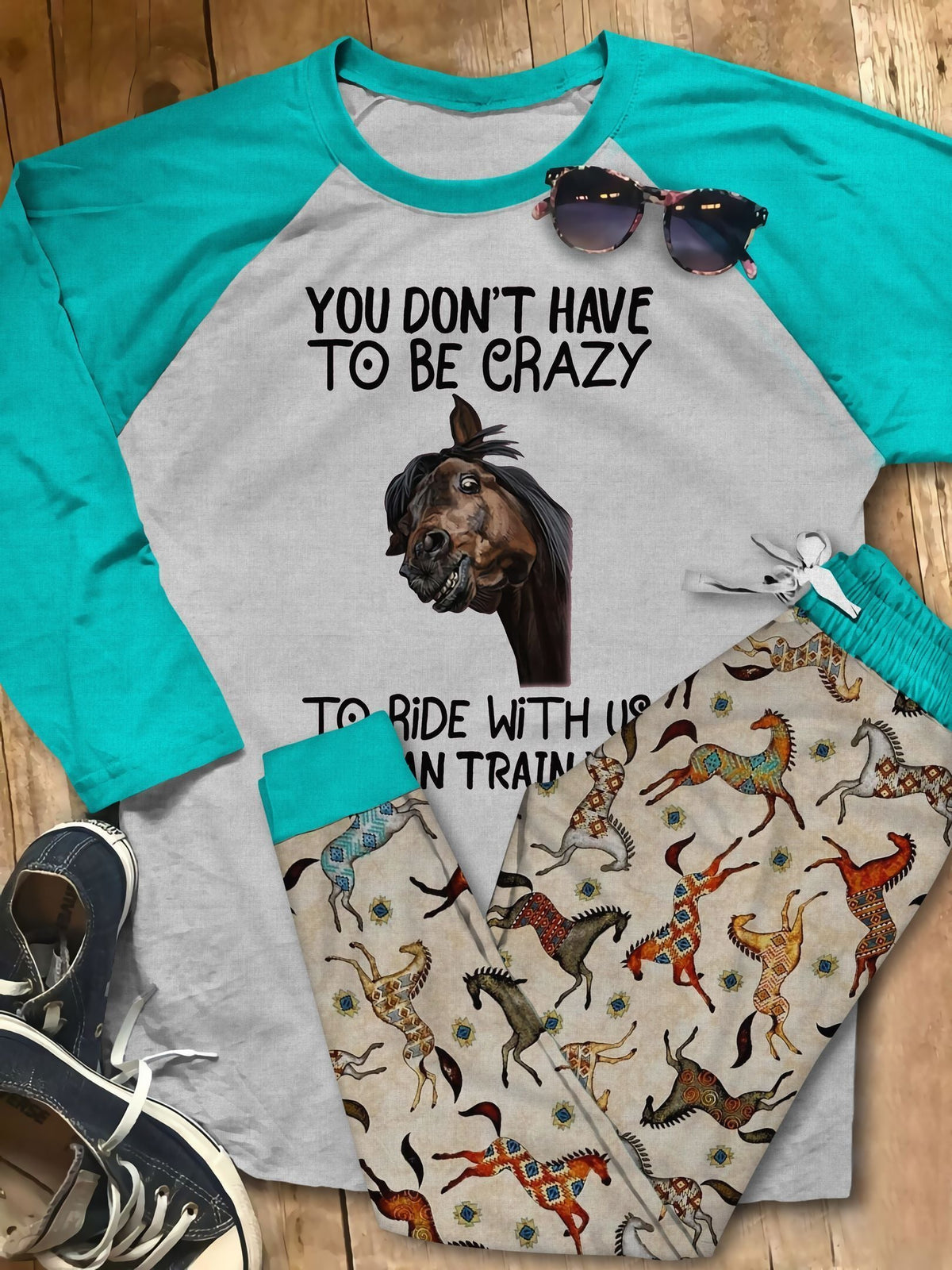 Horse Don'T Have To Be Crazy Pajama Set |Sleepwear Pjs Sets | Raglan Shirt Pants Set
