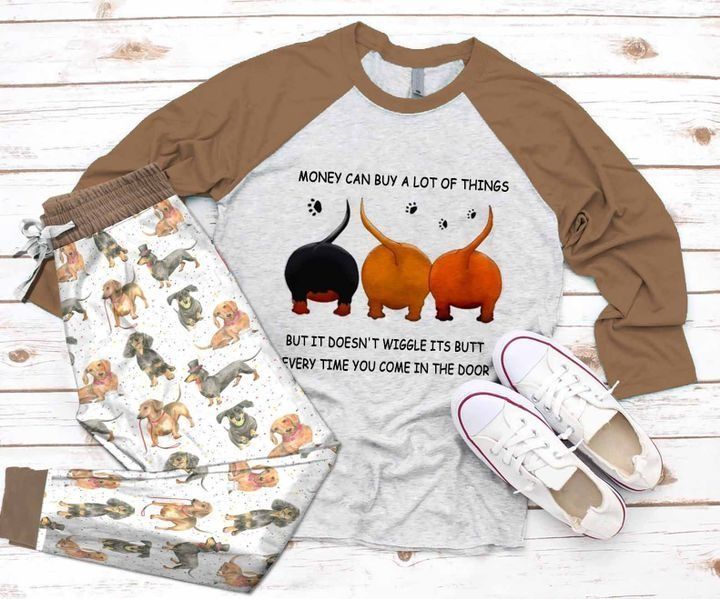 Dachshund Money Can Buy A Lot Of Things Khaki Pajama Set |Sleepwear Pjs Sets | Raglan Shirt Pants Set
