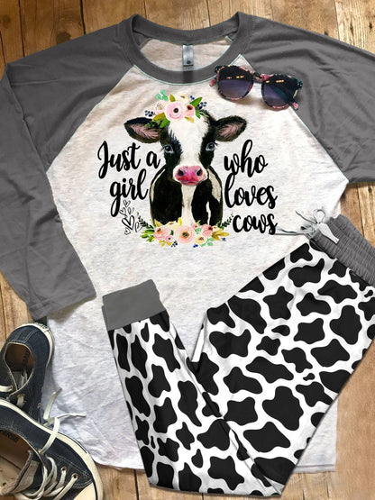 Cow Grey Unique Pajama Set |Sleepwear Pjs Sets | Raglan Shirt Pants Set