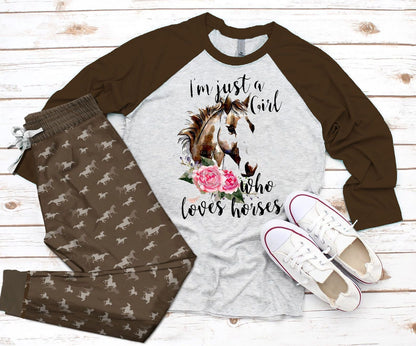 Horse Just A Girl Loves Horse Pajama Set |Sleepwear Pjs Sets | Raglan Shirt Pants Set