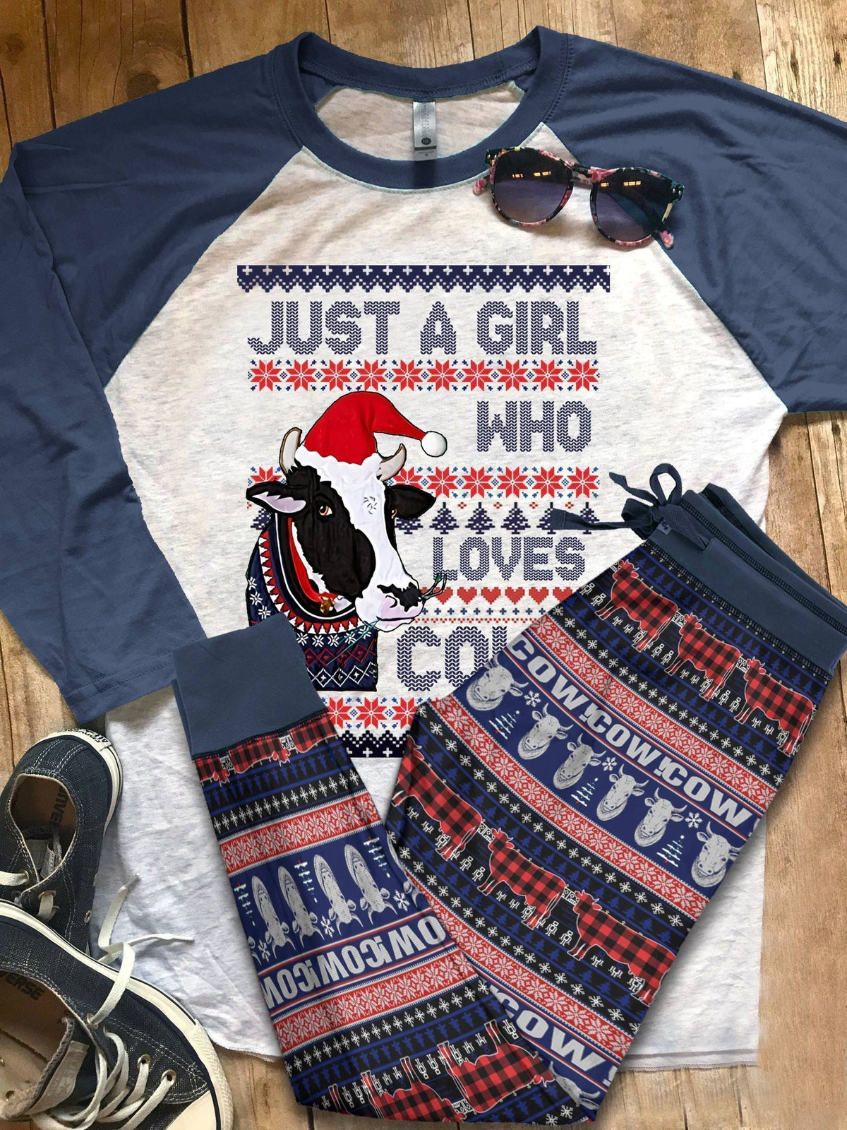 Cow Just A Girl Who Loves Cows Blue Awesome Pajama Set |Sleepwear Pjs Sets | Raglan Shirt Pants Set