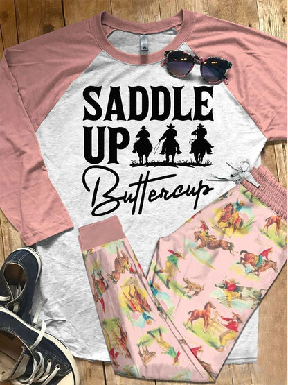 Cowgirl Saddle Up Pink Unique Pajama Set |Sleepwear Pjs Sets | Raglan Shirt Pants Set