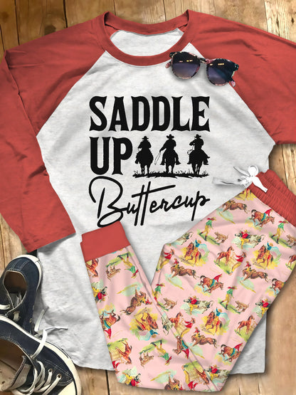 Cowgirl Saddle Up Pink Unique Pajama Set |Sleepwear Pjs Sets | Raglan Shirt Pants Set