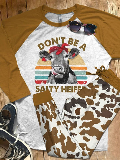 Cow Don T Be A Salty Heifer Pajama Set |Sleepwear Pjs Sets | Raglan Shirt Pants Set