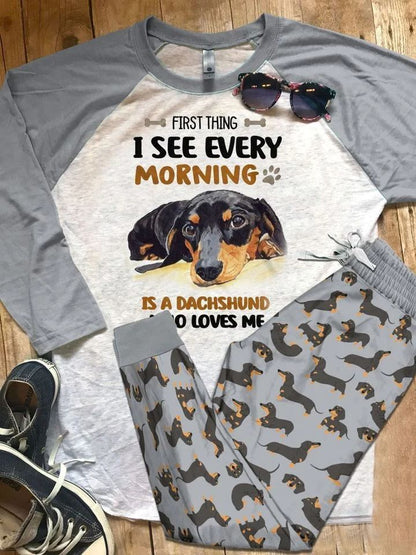 Dachshund First Thing I Saw In The Morning Pajama Set |Sleepwear Pjs Sets | Raglan Shirt Pants Set