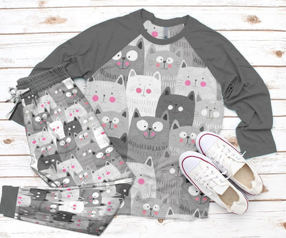 Cat Set Lovely Cats Pajama Set |Sleepwear Pjs Sets | Raglan Shirt Pants Set