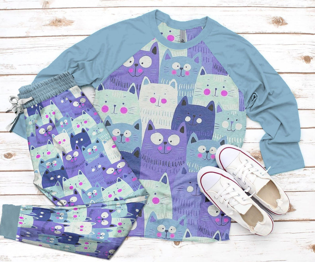 Cat Set Lovely Cats Pajama Set |Sleepwear Pjs Sets | Raglan Shirt Pants Set