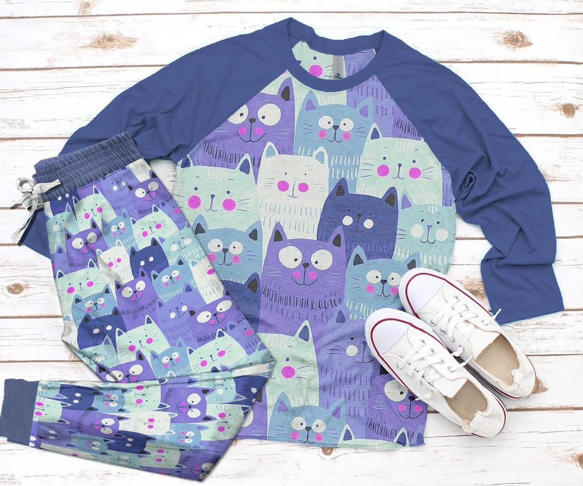 Cat Set Lovely Cats Pajama Set |Sleepwear Pjs Sets | Raglan Shirt Pants Set