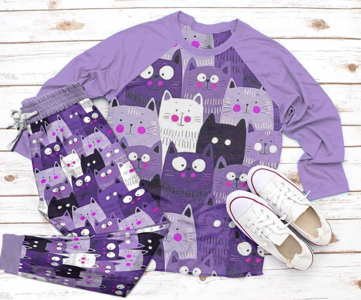 Cat Set Lovely Cats Pajama Set |Sleepwear Pjs Sets | Raglan Shirt Pants Set