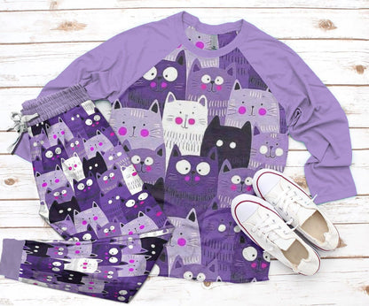 Cat Set Lovely Cats Pajama Set |Sleepwear Pjs Sets | Raglan Shirt Pants Set