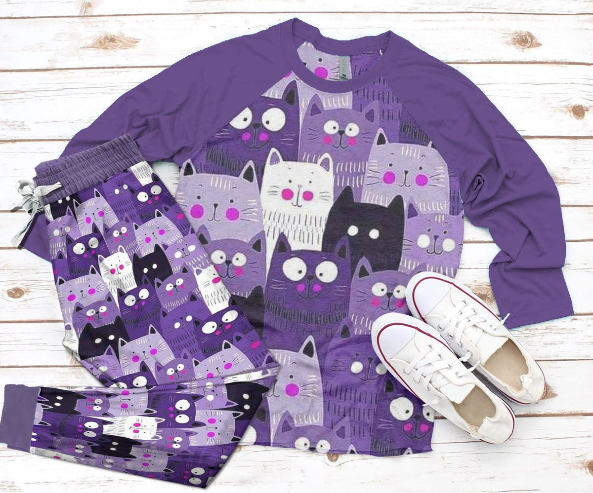 Cat Set Lovely Cats Pajama Set |Sleepwear Pjs Sets | Raglan Shirt Pants Set