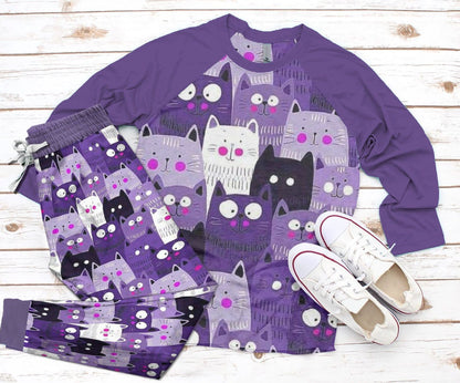 Cat Set Lovely Cats Pajama Set |Sleepwear Pjs Sets | Raglan Shirt Pants Set
