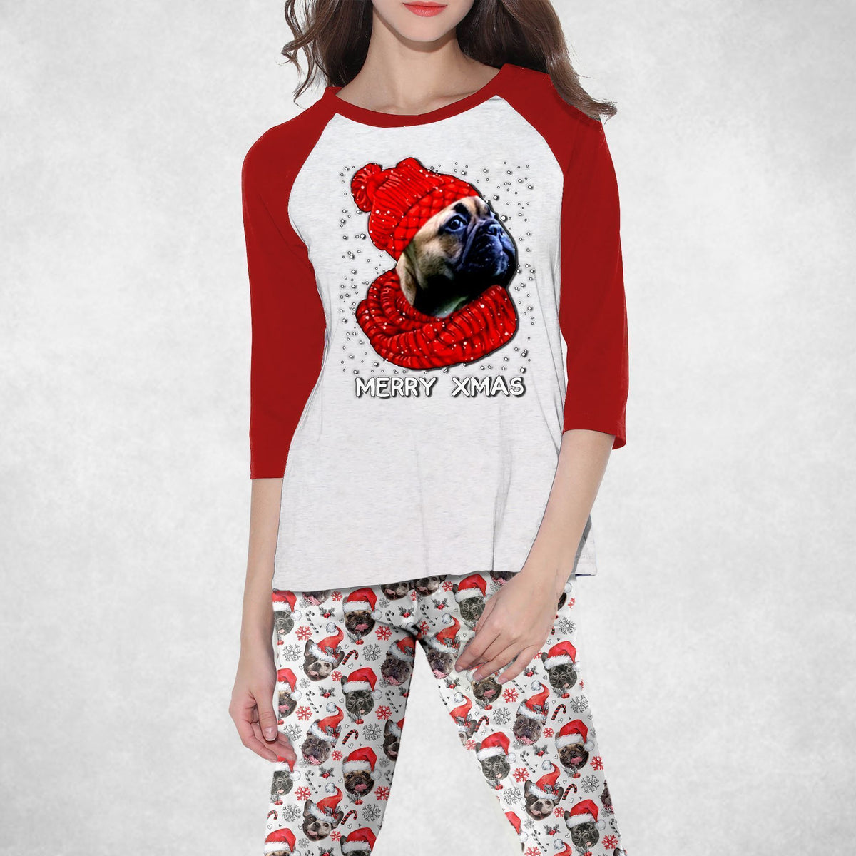 Bulldog Bulldog Merry Xmas Red Best Pajama Set |Sleepwear Pjs Sets | Raglan Shirt Pants Set