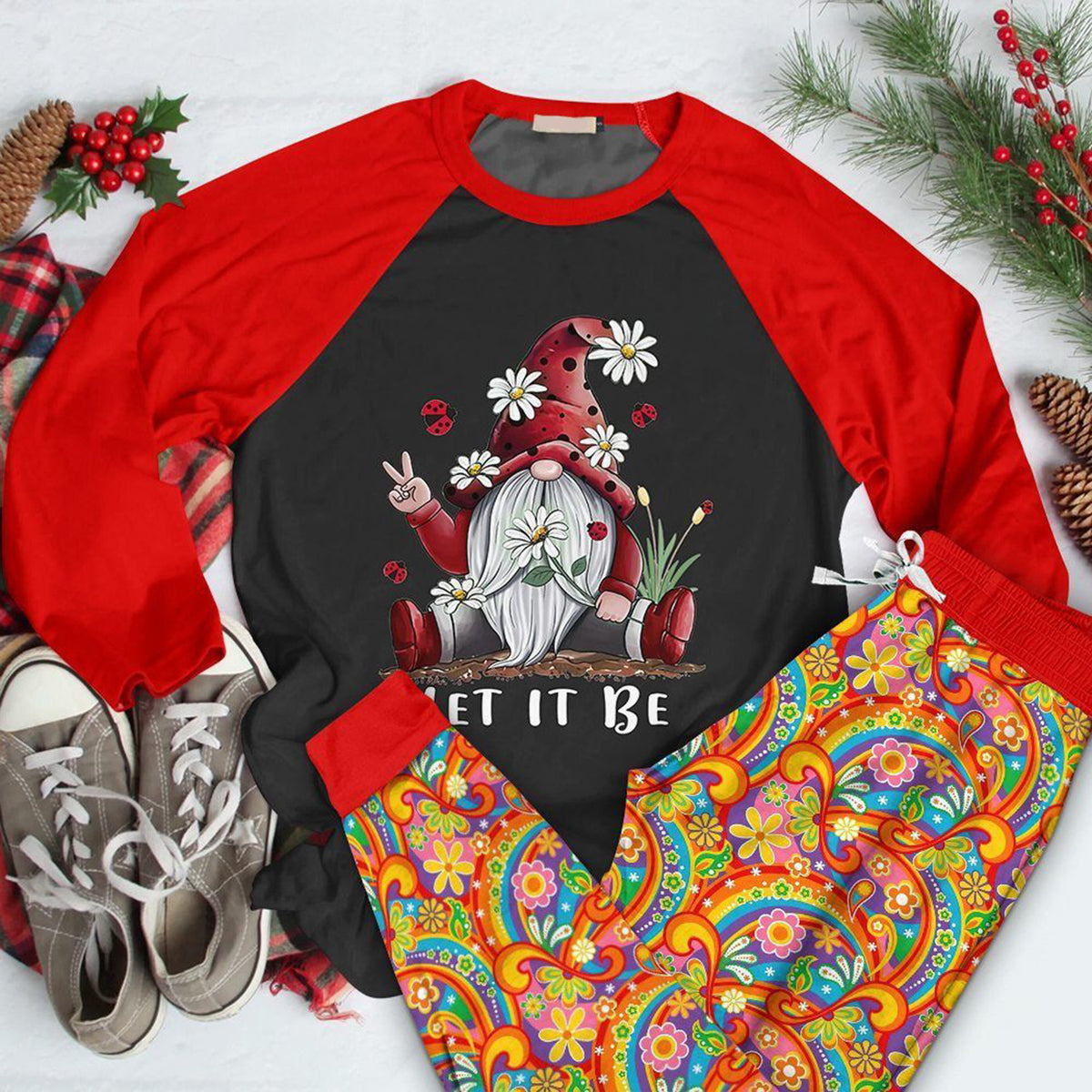Hippie Set Let It Be Gnome Collection Pajama Set |Sleepwear Pjs Sets | Raglan Shirt Pants Set