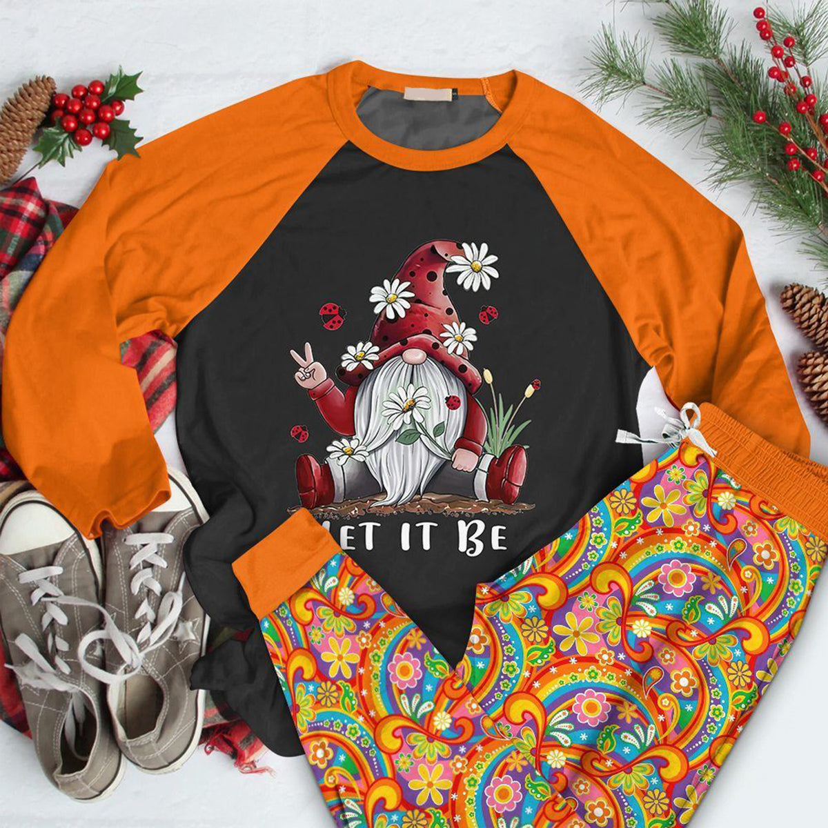Hippie Set Let It Be Gnome Collection Pajama Set |Sleepwear Pjs Sets | Raglan Shirt Pants Set