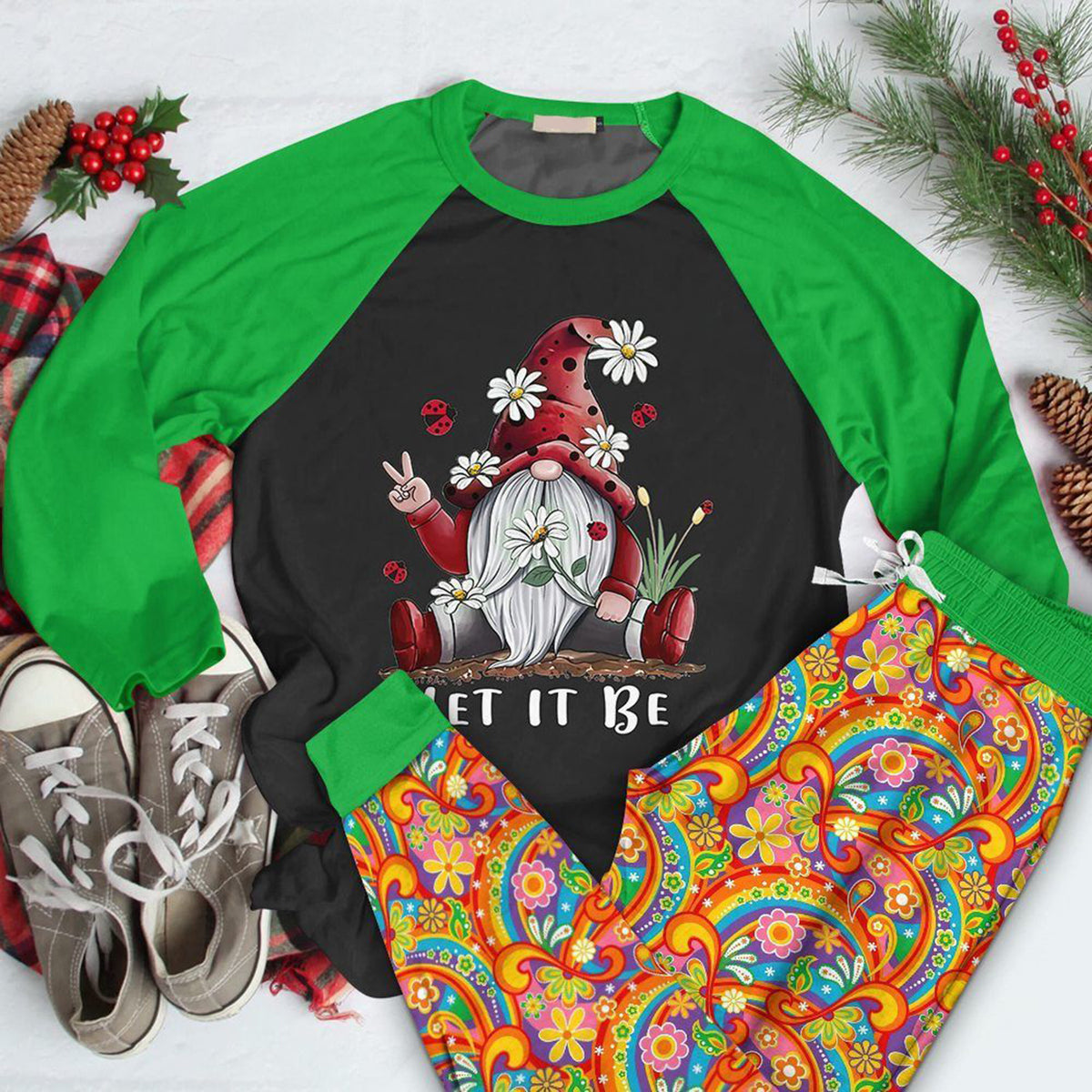 Hippie Set Let It Be Gnome Collection Pajama Set |Sleepwear Pjs Sets | Raglan Shirt Pants Set