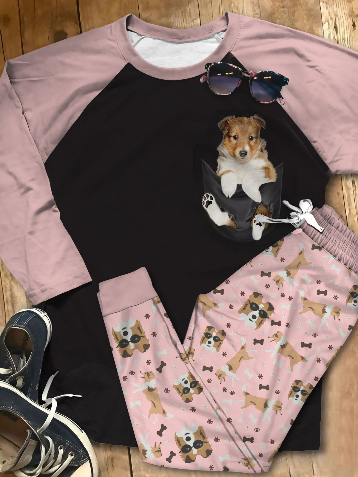 Shetland Sheepdog Pocket Personalized Name Pajama Set |Sleepwear Pjs Sets | Raglan Shirt Pants Set