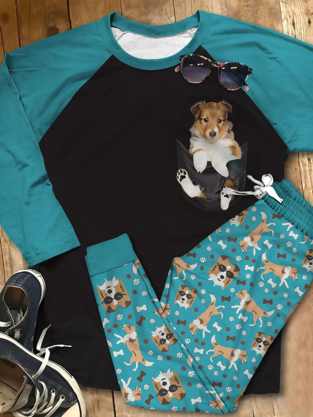 Shetland Sheepdog Pocket Personalized Name Pajama Set |Sleepwear Pjs Sets | Raglan Shirt Pants Set