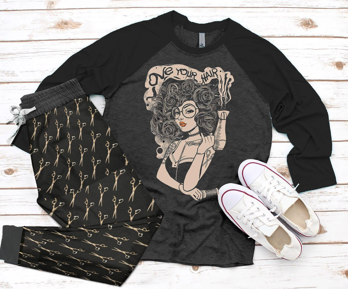 Hairstylist Love Your Hair Black Unique Pajama Set |Sleepwear Pjs Sets | Raglan Shirt Pants Set