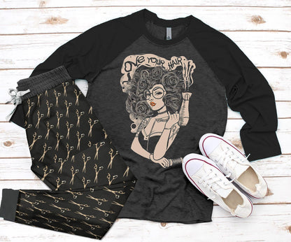 Hairstylist Love Your Hair Black Unique Pajama Set |Sleepwear Pjs Sets | Raglan Shirt Pants Set