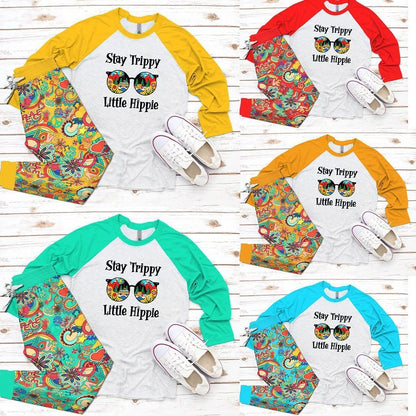 Hippie Stay Trippy Little Hippie Pajama Set |Sleepwear Pjs Sets | Raglan Shirt Pants Set