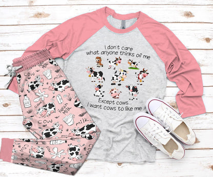 Cow I Want Cows To Like Me Pink High Quality Pajama Set |Sleepwear Pjs Sets | Raglan Shirt Pants Set