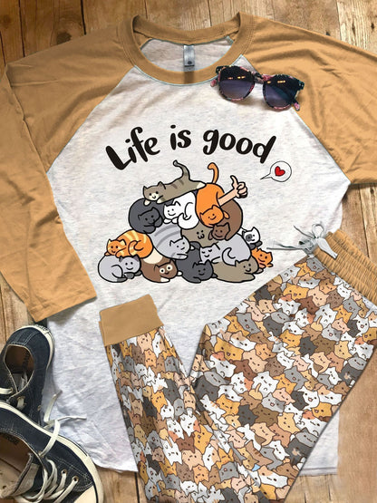 Cat Life Is Good Pajama Set |Sleepwear Pjs Sets | Raglan Shirt Pants Set
