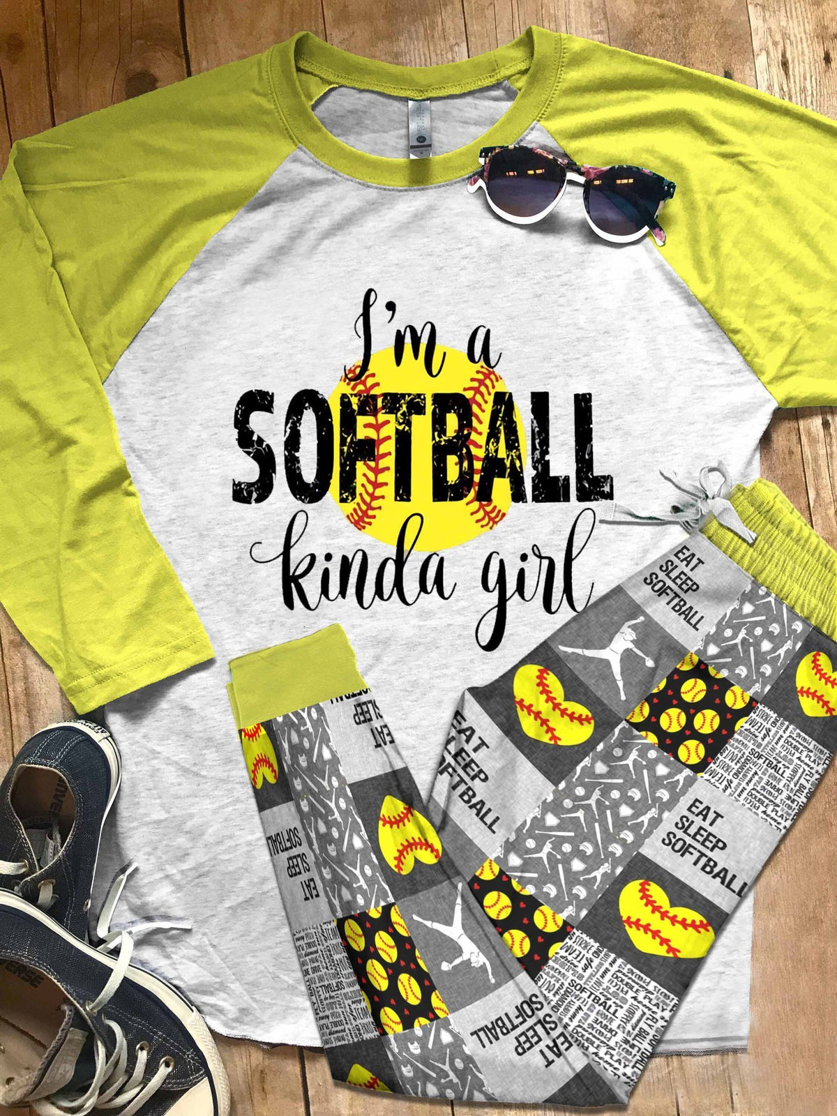 Softball Set I'M A Softball Kinda Girl Pajama Set |Sleepwear Pjs Sets | Raglan Shirt Pants Set
