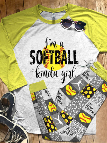 Softball Set I'M A Softball Kinda Girl Pajama Set |Sleepwear Pjs Sets | Raglan Shirt Pants Set