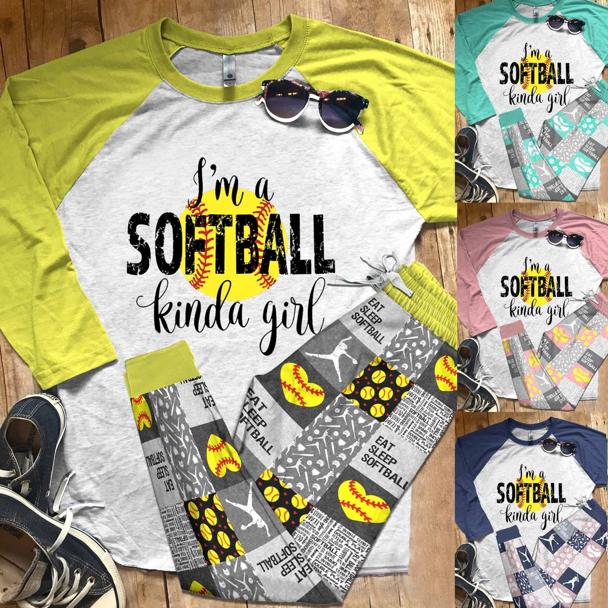 Softball Set I'M A Softball Kinda Girl Pajama Set |Sleepwear Pjs Sets | Raglan Shirt Pants Set