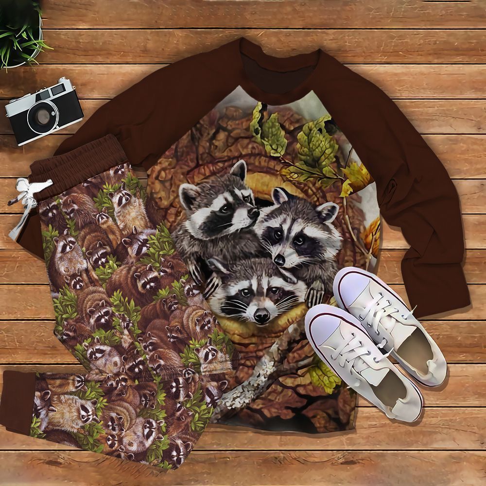 Raccoon Tree Life Brown Best Pajama Set |Sleepwear Pjs Sets | Raglan Shirt Pants Set
