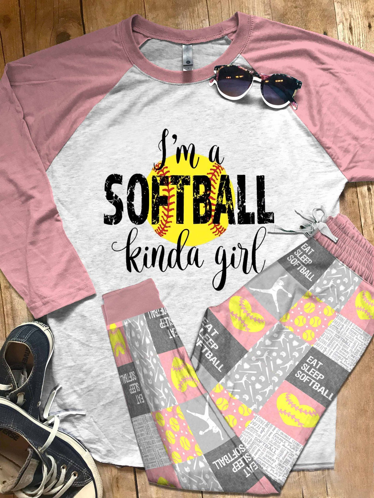 Softball Set I'M A Softball Kinda Girl Pajama Set |Sleepwear Pjs Sets | Raglan Shirt Pants Set