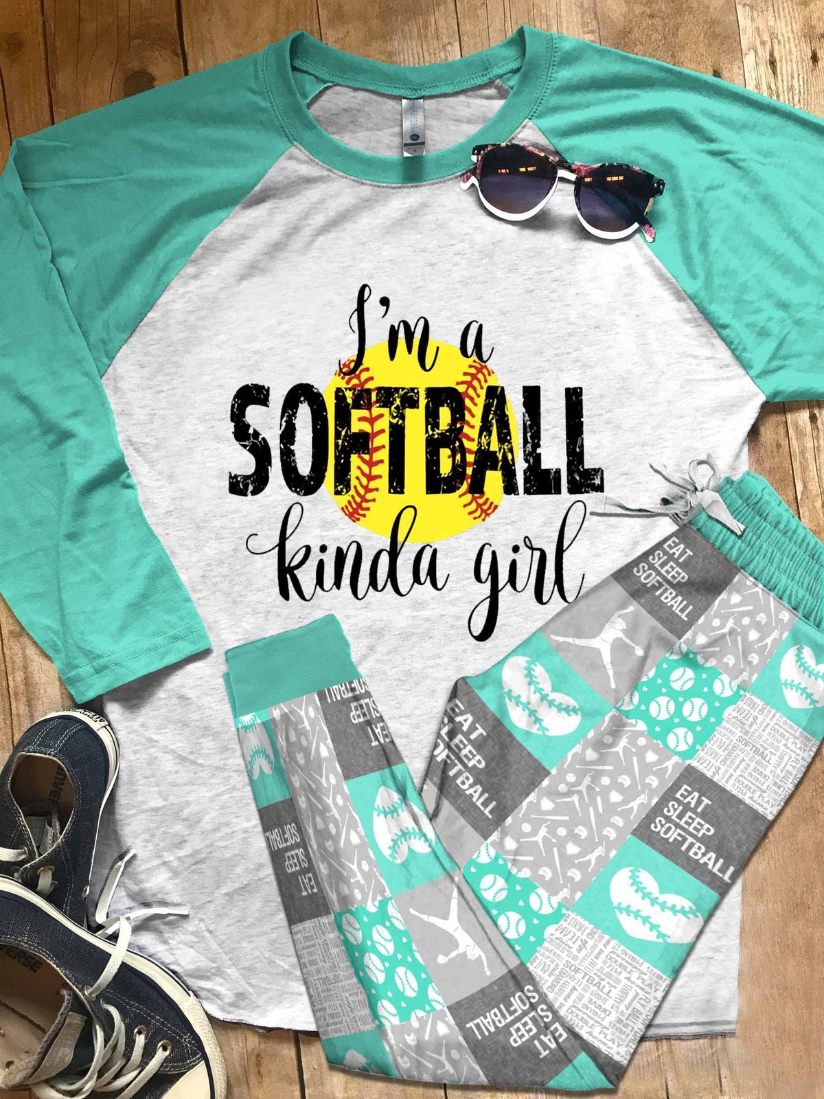 Softball Set I'M A Softball Kinda Girl Pajama Set |Sleepwear Pjs Sets | Raglan Shirt Pants Set