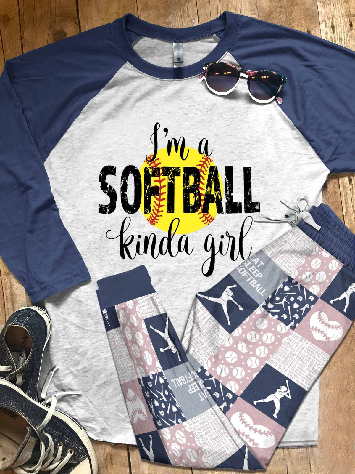 Softball Set I'M A Softball Kinda Girl Pajama Set |Sleepwear Pjs Sets | Raglan Shirt Pants Set