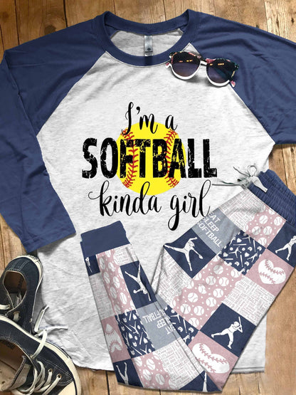 Softball Set I'M A Softball Kinda Girl Pajama Set |Sleepwear Pjs Sets | Raglan Shirt Pants Set